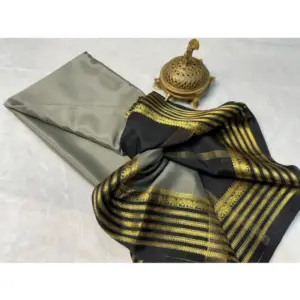 Women's Crepe Chit Pallu Solid Saree with Blouse – Gray