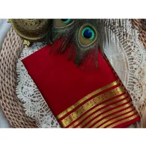 Women's Crepe Chit Pallu Solid Saree with Blouse – Red