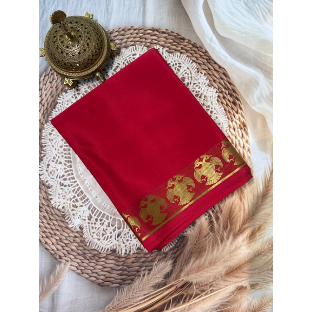 Women's Crepe Chit Pallu Solid Saree with Blouse – Red