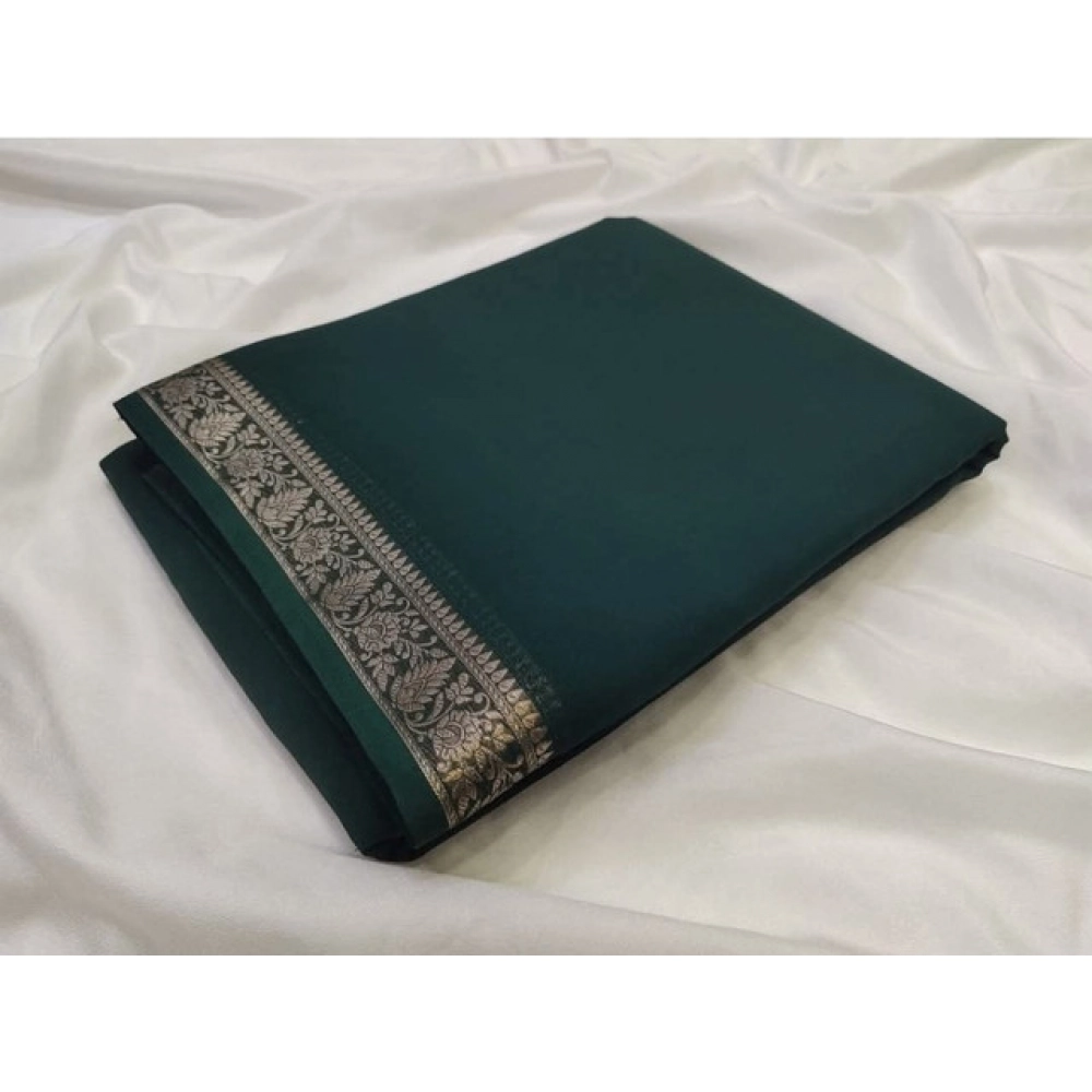 Women's Crepe Chit Pallu Solid Saree with Blouse – Bottle Green