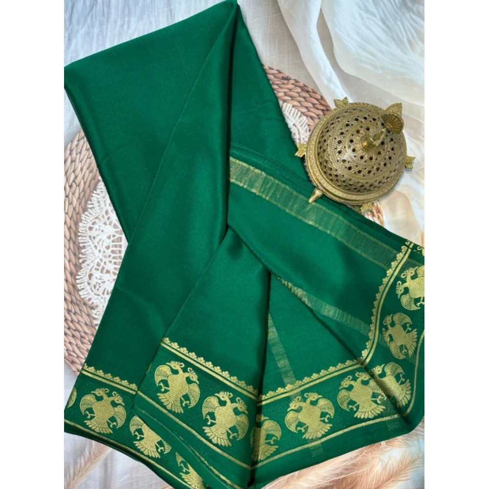 Women's Crepe Chit Pallu Solid Saree with Blouse – Green