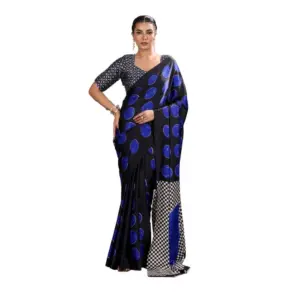 Women's Satin Crepe Printed Saree with Blouse – Blue