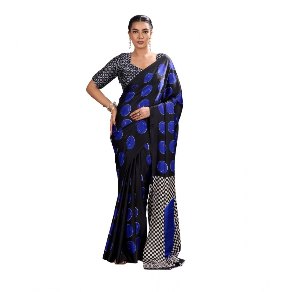 Women's Satin Crepe Printed Saree with Blouse – Blue