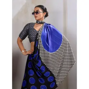 Women's Satin Crepe Printed Saree with Blouse – Blue