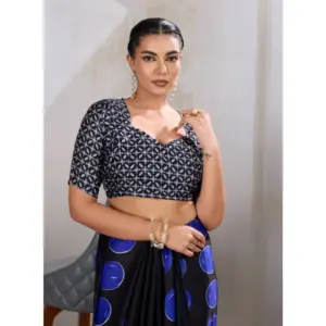 Women's Satin Crepe Printed Saree with Blouse – Blue