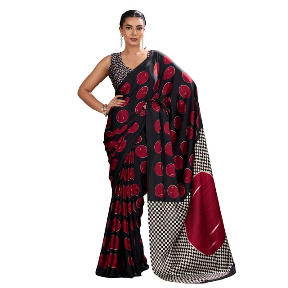 Women's Satin Crepe Printed Saree with Blouse – Maroon