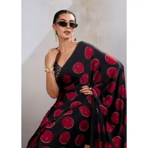 Women's Satin Crepe Printed Saree with Blouse – Maroon