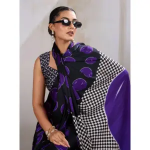Women's Satin Crepe Printed Saree with Blouse – Purple