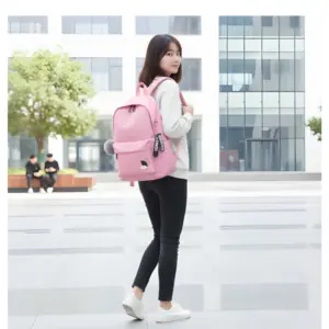 Unisex PU Leather Solid Medium Zipper Backpack (Pink)