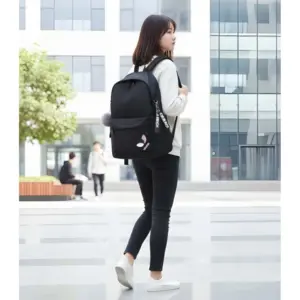 Unisex PU Leather Solid Medium Zipper Backpack (Black)