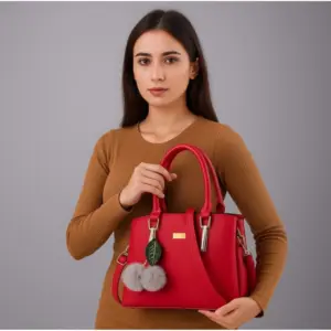 Women's PU Leather Solid Shoulder Zipper Handbag (Red)