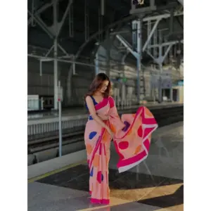 Women's Linen Printed Saree with Blouse – Orange