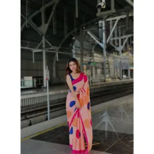 Women's Linen Printed Saree with Blouse – Orange