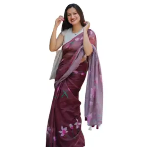 Women's Linen Printed Saree with Blouse – Brown