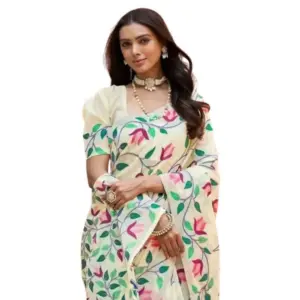 Women's Georgette Printed Saree with Blouse – Cream