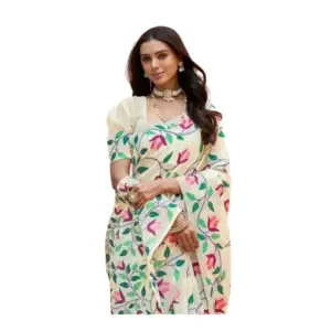 Women's Georgette Printed Saree with Blouse – Cream