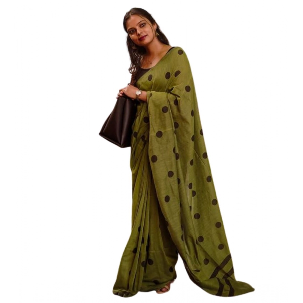 Women's Linen Printed Saree with Blouse – Green