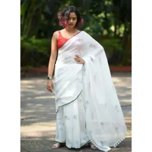 Women's Linen Printed Saree with Blouse – White