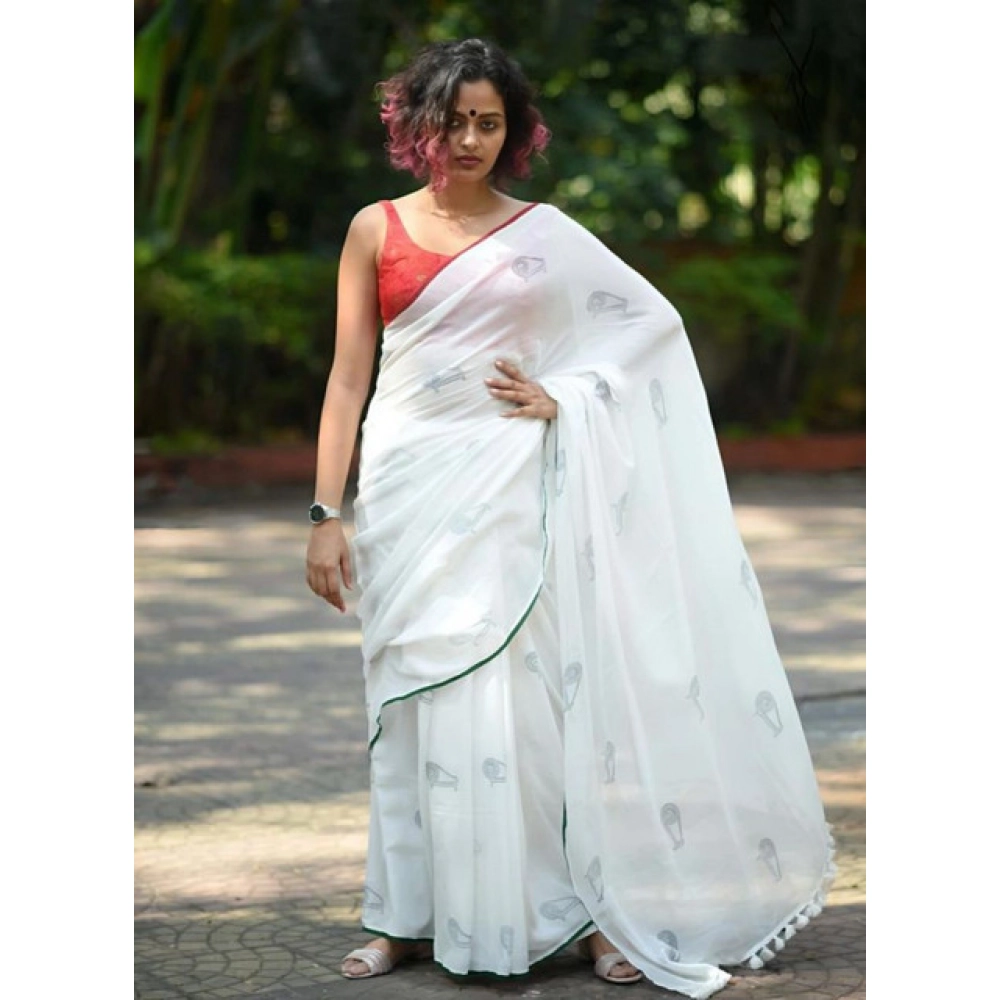 Women's Linen Printed Saree with Blouse – White