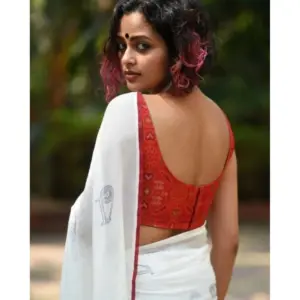 Women's Linen Printed Saree with Blouse – White