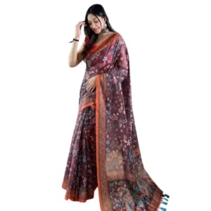 Women's Linen Printed Saree with Blouse – Brown
