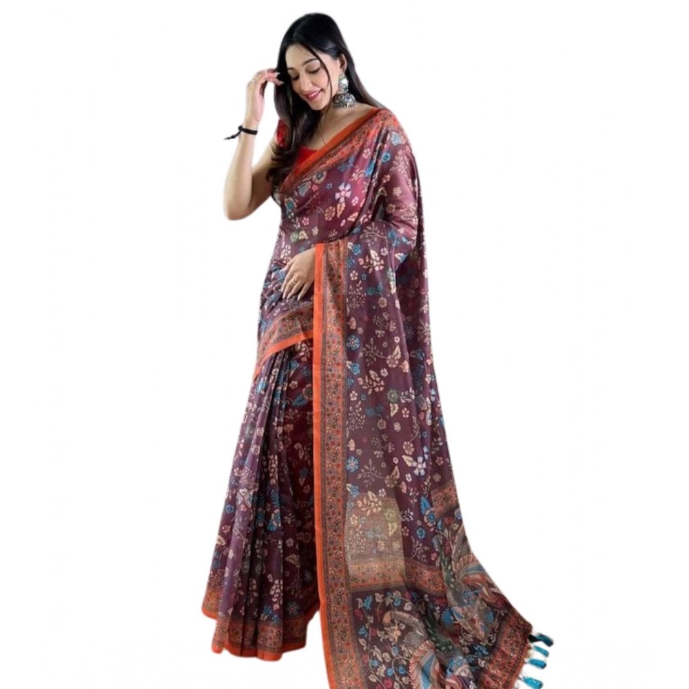 Women's Linen Printed Saree with Blouse – Brown