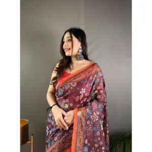 Women's Linen Printed Saree with Blouse – Brown