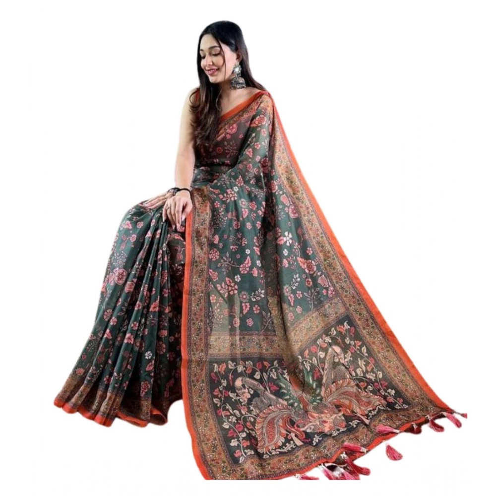 Women's Linen Printed Saree with Blouse – Green