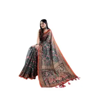Women's Linen Printed Saree with Blouse – Green