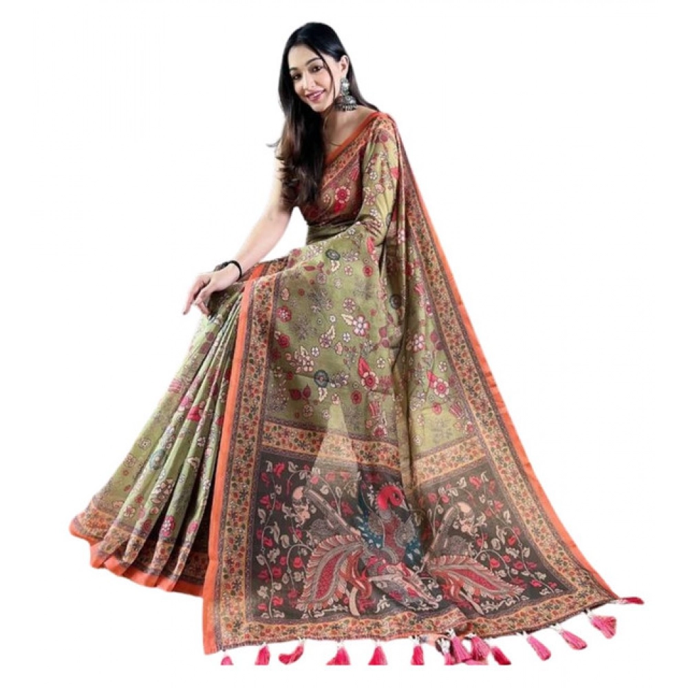 Women's Linen Printed Saree with Blouse – Sea Green