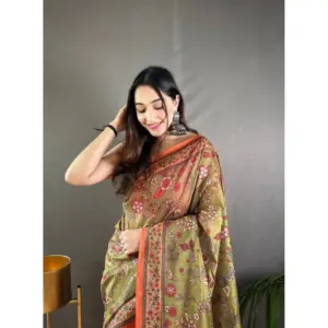 Women's Linen Printed Saree with Blouse – Sea Green