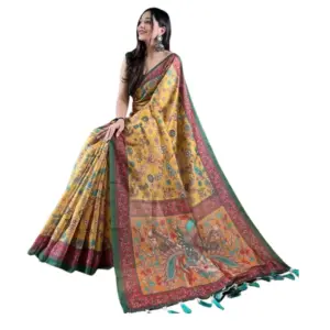 Women's Linen Printed Saree with Blouse – Yellow