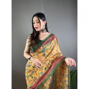 Women's Linen Printed Saree with Blouse – Yellow