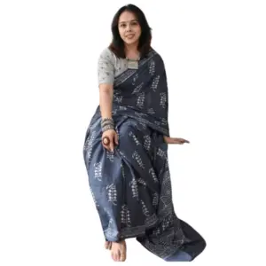 Women's Linen Printed Saree with Blouse – Grey