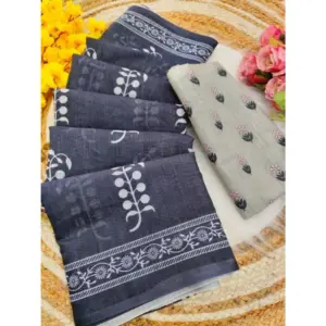 Women's Linen Printed Saree with Blouse – Grey