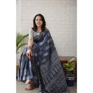 Women's Linen Printed Saree with Blouse – Grey