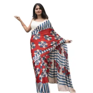 Women's Linen Printed Saree with Blouse – Red