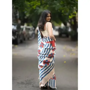 Women's Linen Printed Saree with Blouse – Red