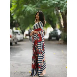 Women's Linen Printed Saree with Blouse – Red