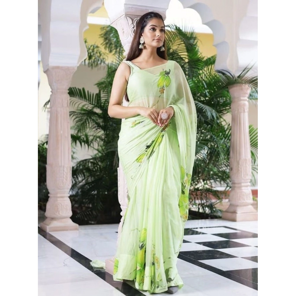 Women's Linen Printed Saree with Blouse – Green