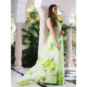 Women's Linen Printed Saree with Blouse – Green