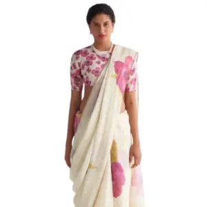 Women's Linen Printed Saree with Blouse – White