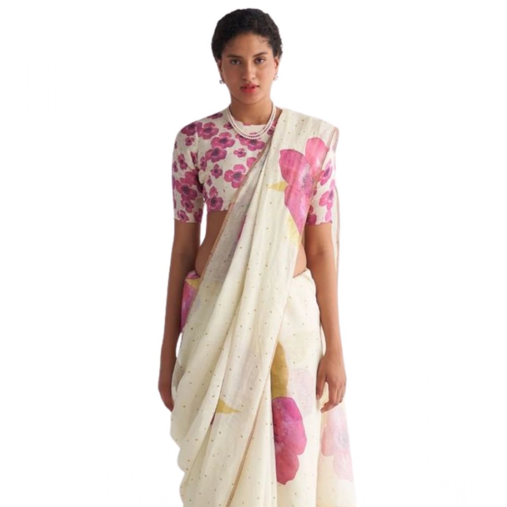 Women's Linen Printed Saree with Blouse – White