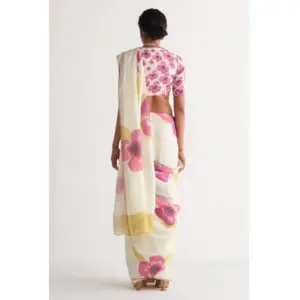 Women's Linen Printed Saree with Blouse – White