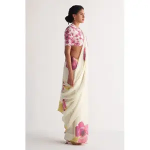 Women's Linen Printed Saree with Blouse – White