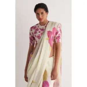 Women's Linen Printed Saree with Blouse – White