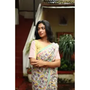 Women's Linen Printed Saree with Blouse – Multicolor