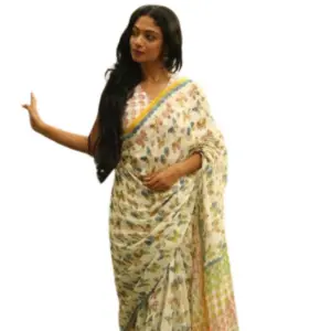 Women's Linen Printed Saree with Blouse – White