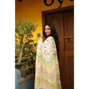 Women's Linen Printed Saree with Blouse – White