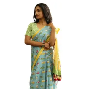 Women's Linen Printed Saree with Blouse – Blue